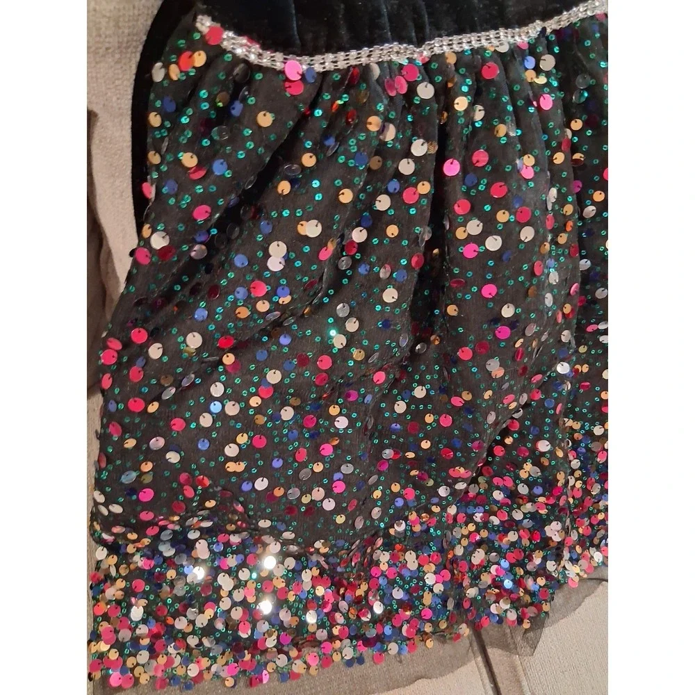 Girls Christmas‎ Dress Rainbow Sequins Black Velvet 6 VGUC